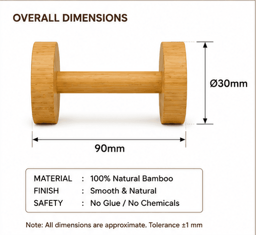 pet2pia bamboo dumbbell chew toy overall dimensions: 90mm length, 30mm disc diameter, natural bamboo, no glue or chemicals