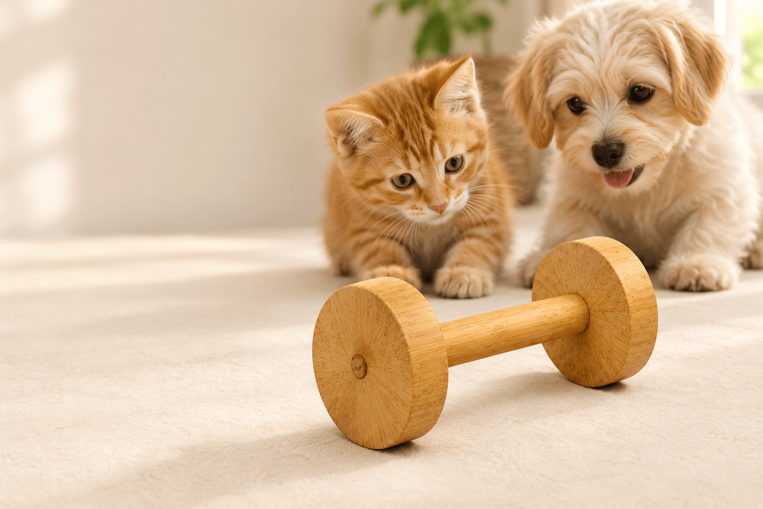 A kitten and puppy curiously discovering the pet2pia natural bamboo dumbbell chew toy