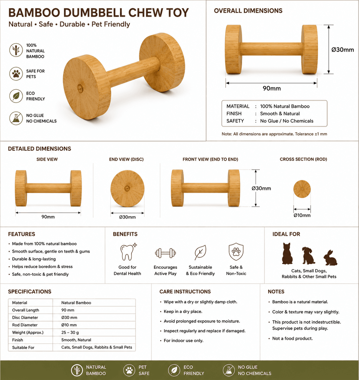 pet2pia bamboo dumbbell chew toy infographic: dimensions, features, benefits, and care instructions